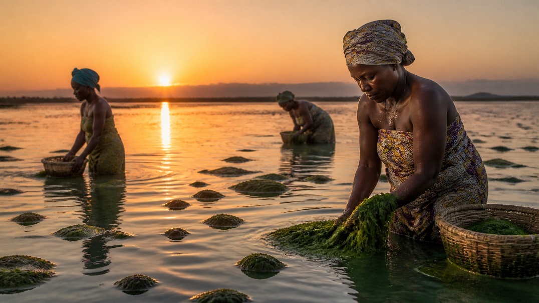 women harvesting algae