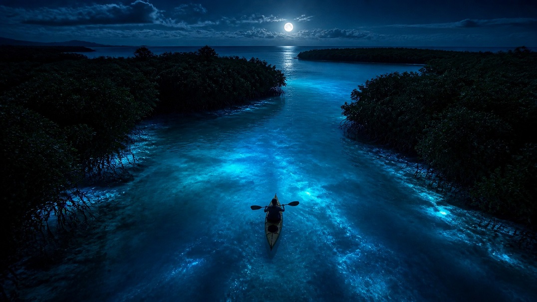 kayaker paddling glowing blue lagoon
